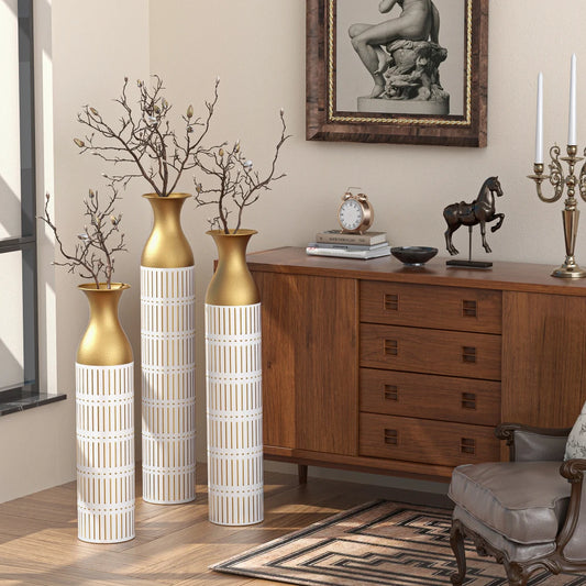 Elegant White Metal Vases Set of 3 – Tall Geometric Decorative Vases with Hammered Gold Accents