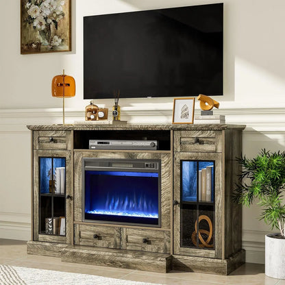 Rustic 3-Sided Glass TV Stand with Electric Fireplace – Media Console Entertainment Center with Storage for TVs up to 80”