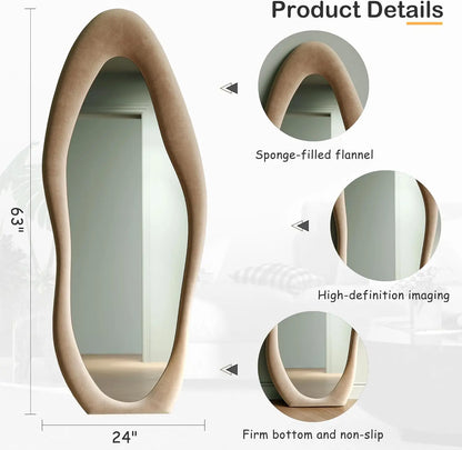 Elegant Wavy Full Length Mirror with Flannel-Wrapped Wooden Frame – 63"x24" Irregular Oval Wall or Floor Mirror