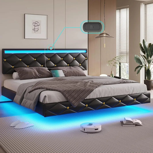 Floating King Bed Frame with LED Lights & USB Ports - Faux Leather Platform with Adjustable Headboard