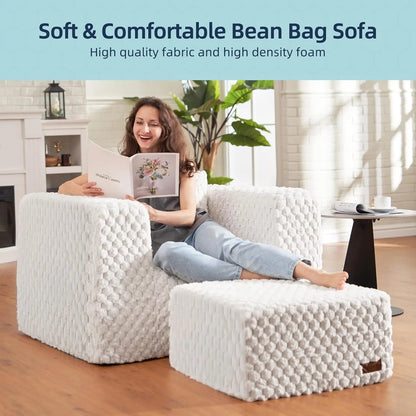 Homguava Giant Bean Bag Chair with Ottoman & Pillow – High-Density Foam Bean Bag Couch for Adults – Large, Comfortable Seating for Living Room, Bedroom, Gaming Room (White)