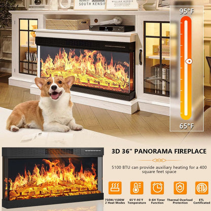 Rustic 3-Sided Glass TV Stand with Electric Fireplace – Media Console Entertainment Center with Storage for TVs up to 80”