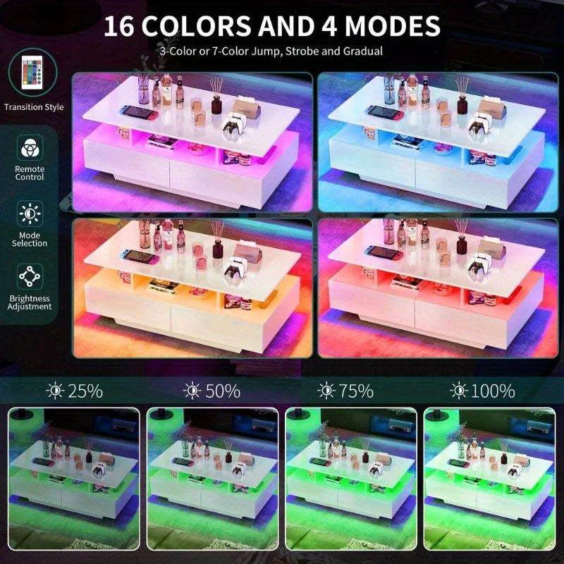 High Gloss LED Coffee Table with Sliding Drawers – Modern Center Cocktail Table with RGB Lighting & Storage
