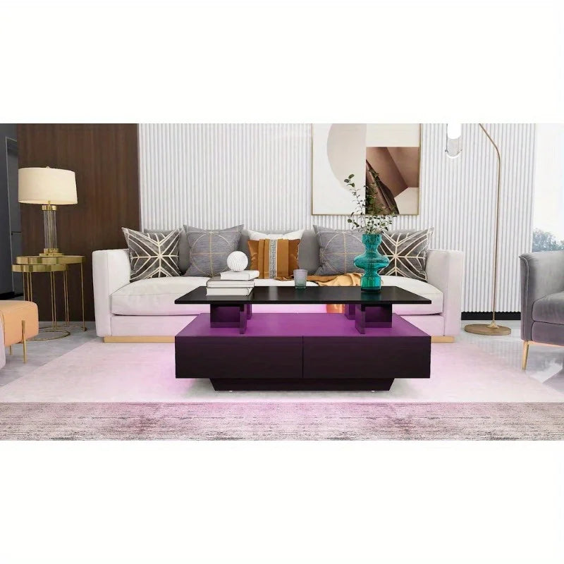 High Gloss LED Coffee Table with Sliding Drawers – Modern Center Cocktail Table with RGB Lighting & Storage