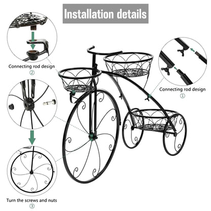 Vintage Charm 3-Tier Bicycle Plant Stand – Wrought Iron Tricycle Planter for Indoor & Outdoor Decor