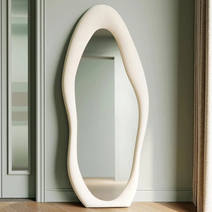Elegant Wavy Full Length Mirror with Flannel-Wrapped Wooden Frame – 63"x24" Irregular Oval Wall or Floor Mirror