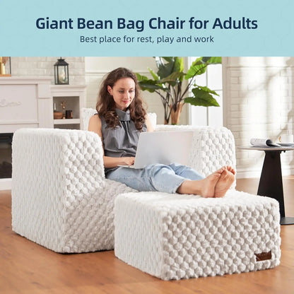 Homguava Giant Bean Bag Chair with Ottoman & Pillow – High-Density Foam Bean Bag Couch for Adults – Large, Comfortable Seating for Living Room, Bedroom, Gaming Room (White)