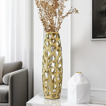 Exquisite Handmade Golden Ceramic Floor Vase with Hollow Pattern – 24" Tall Decorative Vase for Tree Branches & Dried Flowers
