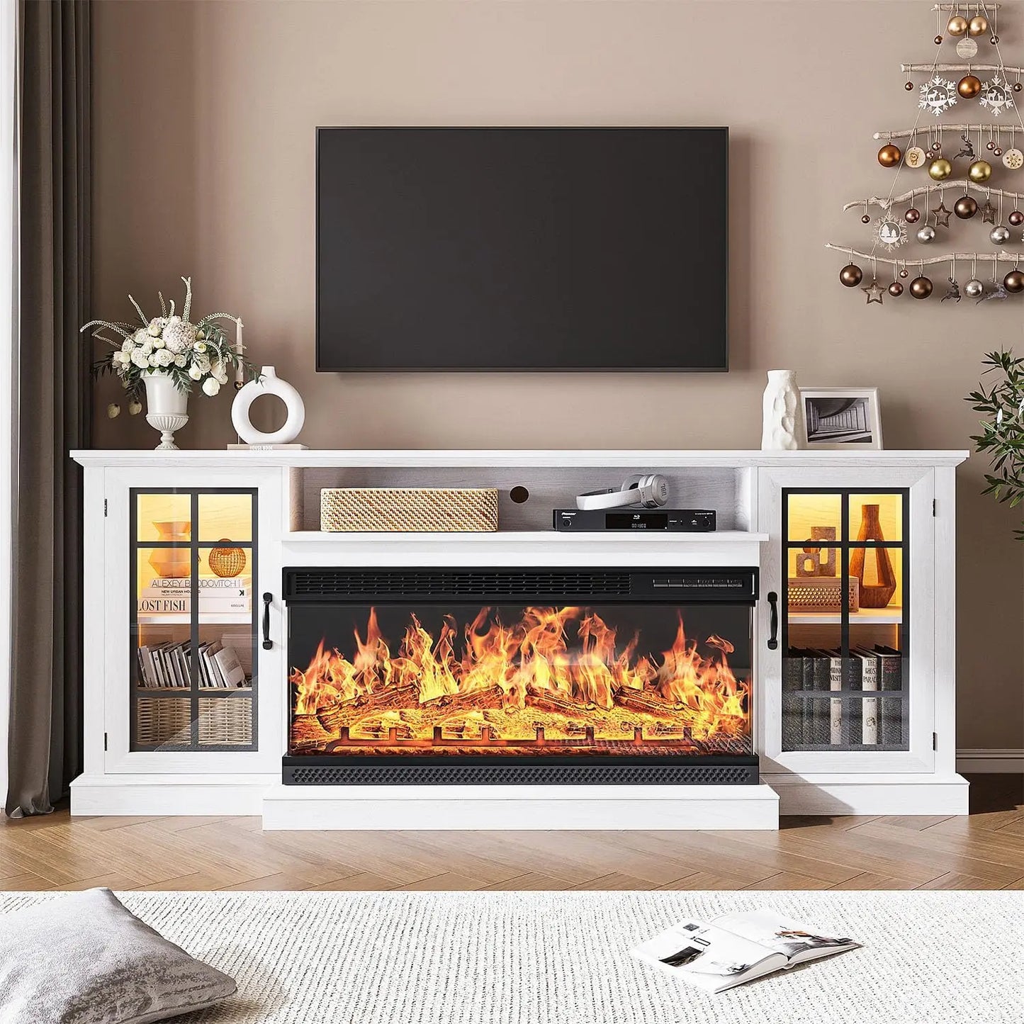 Rustic 3-Sided Glass TV Stand with Electric Fireplace – Media Console Entertainment Center with Storage for TVs up to 80”