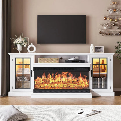 Rustic 3-Sided Glass TV Stand with Electric Fireplace – Media Console Entertainment Center with Storage for TVs up to 80”
