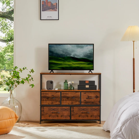 Fireplace TV Stand with 5 Fabric Drawers – Modern Storage Dresser for Bedroom & Living Room