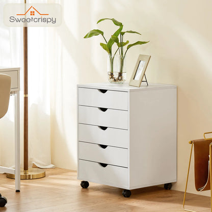 5-Drawer Wood Nightstand Cabinet – Mobile Storage Organizer with Waterproof Surface and Rotating Wheels