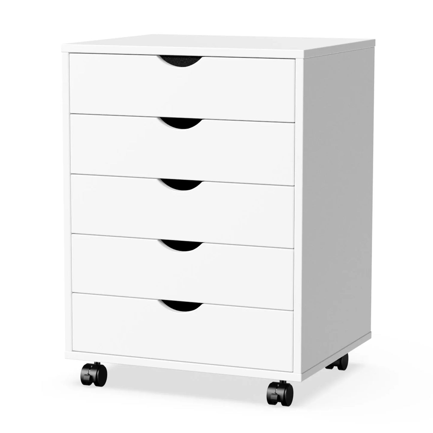 5-Drawer Wood Nightstand Cabinet – Mobile Storage Organizer with Waterproof Surface and Rotating Wheels
