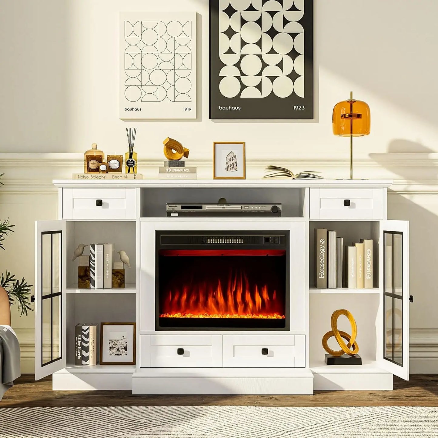 Rustic 3-Sided Glass TV Stand with Electric Fireplace – Media Console Entertainment Center with Storage for TVs up to 80”