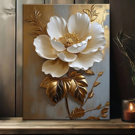 Elegant White Floral Canvas Art – Vintage Gold Flower Wall Decoration for Living Room, Bedroom, Office