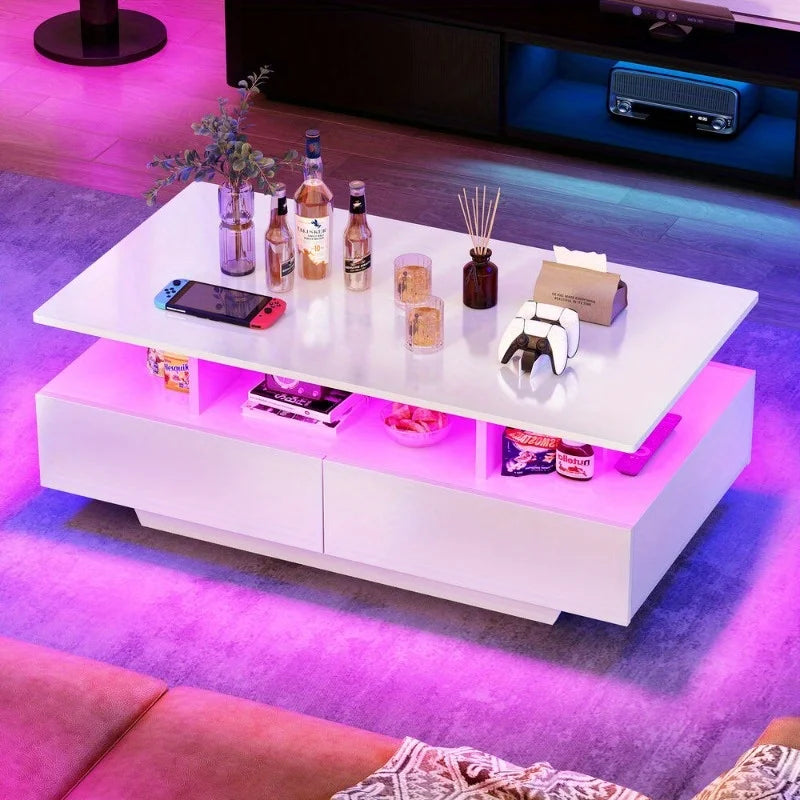 High Gloss LED Coffee Table with Sliding Drawers – Modern Center Cocktail Table with RGB Lighting & Storage