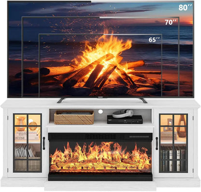Rustic 3-Sided Glass TV Stand with Electric Fireplace – Media Console Entertainment Center with Storage for TVs up to 80”