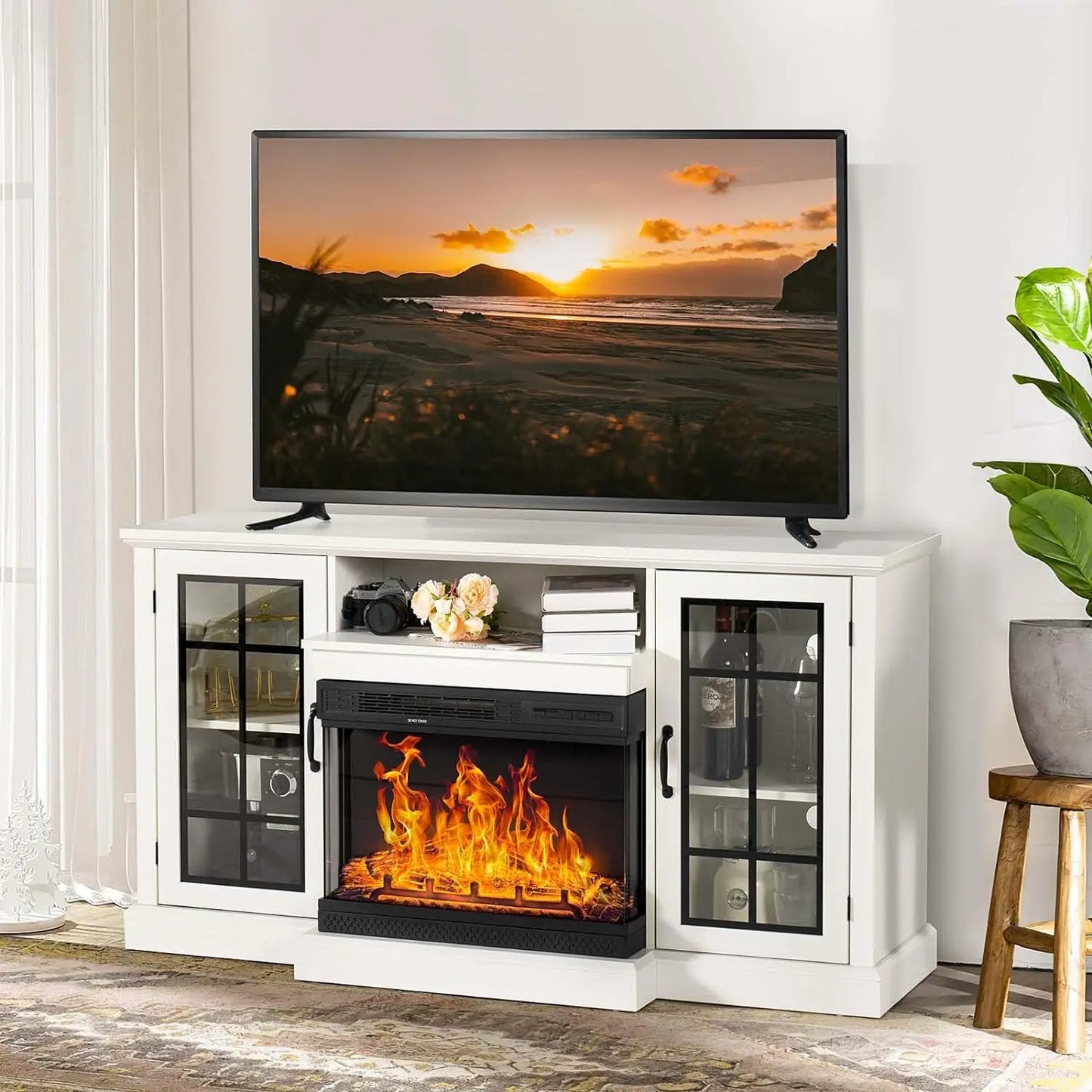 Rustic 3-Sided Glass TV Stand with Electric Fireplace – Media Console Entertainment Center with Storage for TVs up to 80”