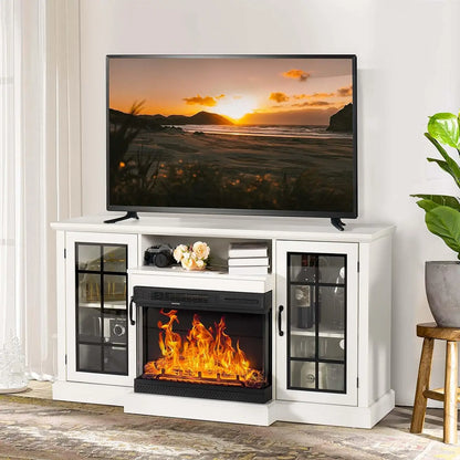 Rustic 3-Sided Glass TV Stand with Electric Fireplace – Media Console Entertainment Center with Storage for TVs up to 80”