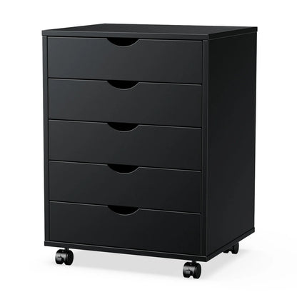 5-Drawer Wood Nightstand Cabinet – Mobile Storage Organizer with Waterproof Surface and Rotating Wheels