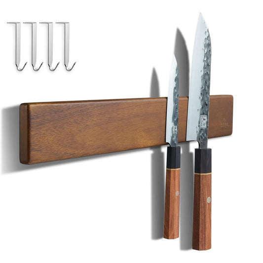 ENOKING 16-Inch Magnetic Knife Strip – Acacia Wood Wall-Mounted Knife Holder with 4 Hooks