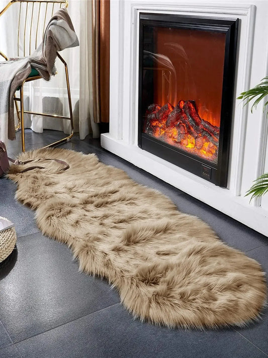 Faux Fur Khaki Large Wave Floor Mat – Soft, Anti-Slip Carpet for Bathroom, Bedroom, Living Room, and More