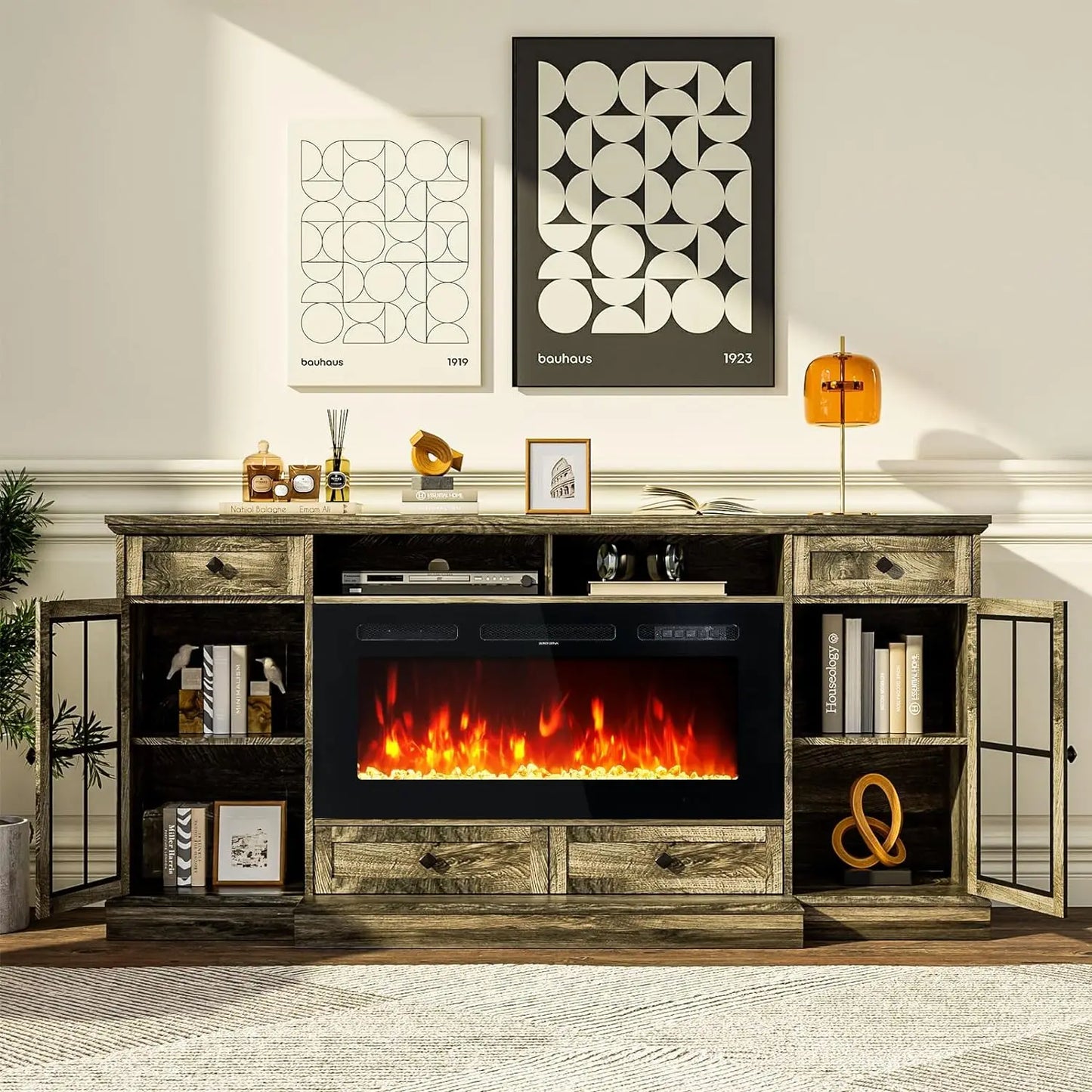 Rustic 3-Sided Glass TV Stand with Electric Fireplace – Media Console Entertainment Center with Storage for TVs up to 80”