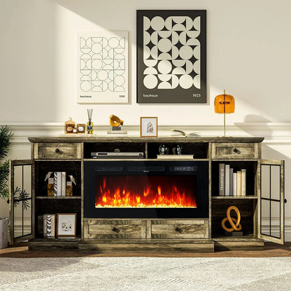 Rustic 3-Sided Glass TV Stand with Electric Fireplace – Media Console Entertainment Center with Storage for TVs up to 80”
