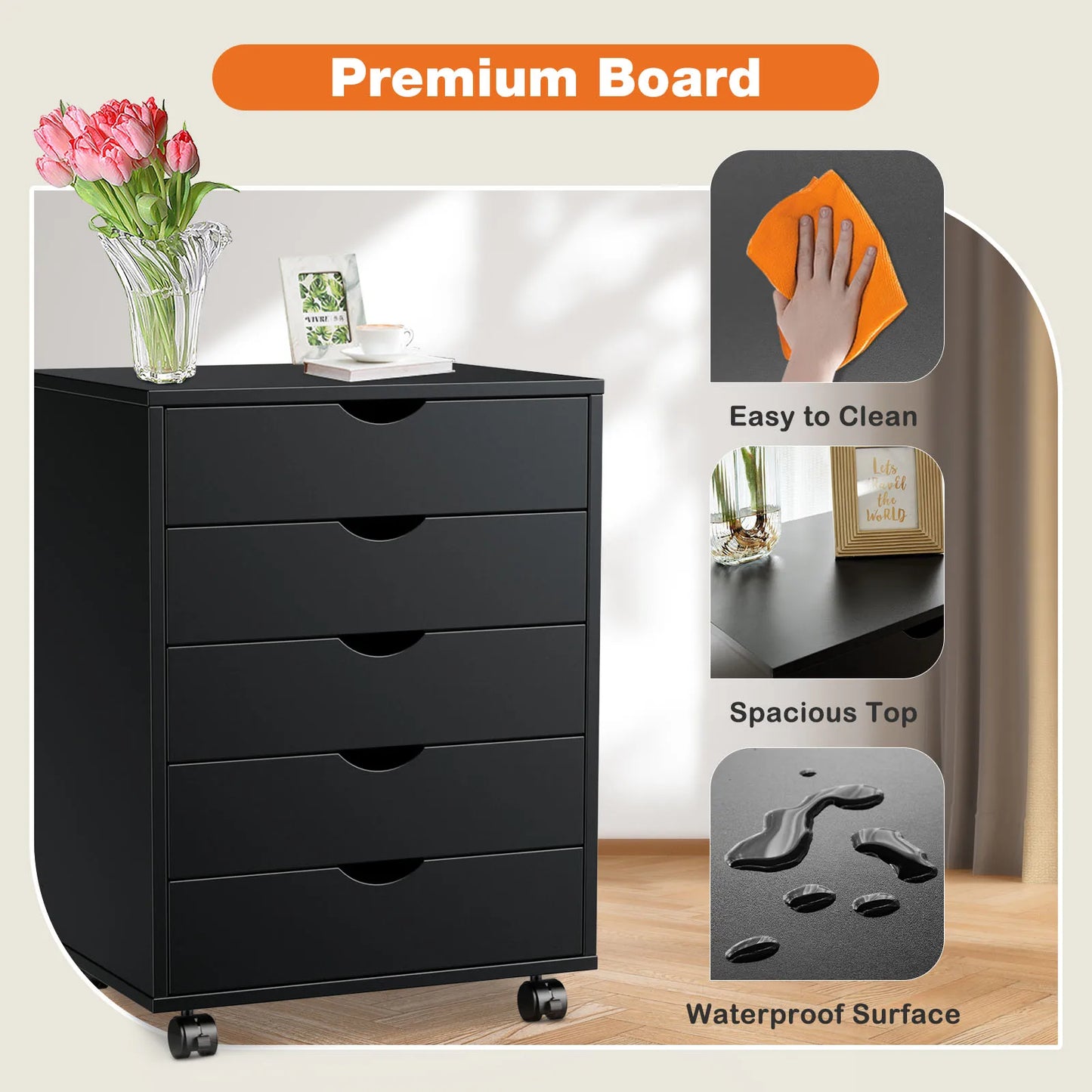 5-Drawer Wood Nightstand Cabinet – Mobile Storage Organizer with Waterproof Surface and Rotating Wheels