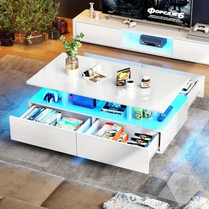 High Gloss LED Coffee Table with Sliding Drawers – Modern Center Cocktail Table with RGB Lighting & Storage