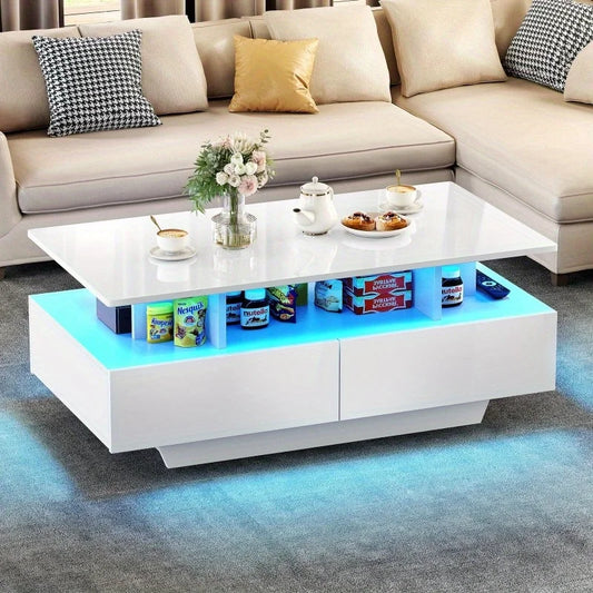 High Gloss LED Coffee Table with Sliding Drawers – Modern Center Cocktail Table with RGB Lighting & Storage