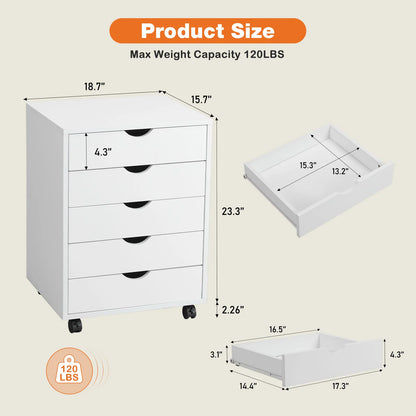 5-Drawer Wood Nightstand Cabinet – Mobile Storage Organizer with Waterproof Surface and Rotating Wheels