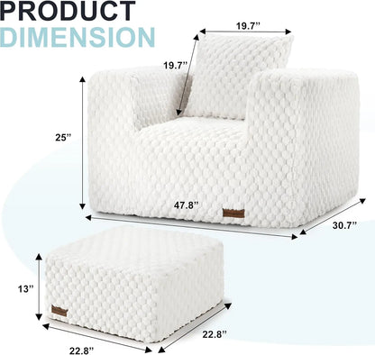 Homguava Giant Bean Bag Chair with Ottoman & Pillow – High-Density Foam Bean Bag Couch for Adults – Large, Comfortable Seating for Living Room, Bedroom, Gaming Room (White)