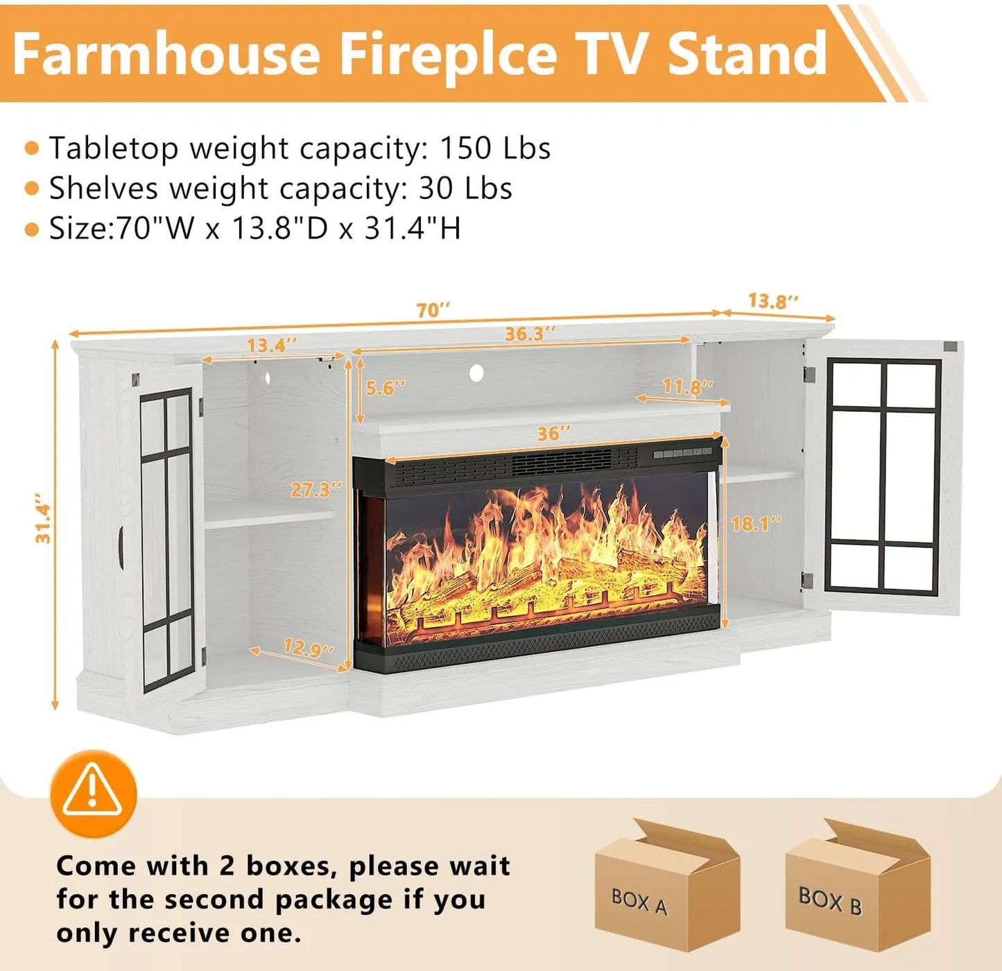 Rustic 3-Sided Glass TV Stand with Electric Fireplace – Media Console Entertainment Center with Storage for TVs up to 80”