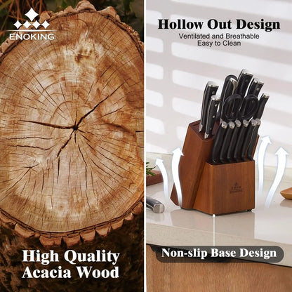 ENOKING 15-Slot Universal Knife Block – Acacia Wood Knife Holder for Kitchen Counter