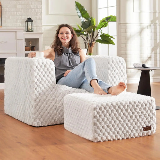 Homguava Giant Bean Bag Chair with Ottoman & Pillow – High-Density Foam Bean Bag Couch for Adults – Large, Comfortable Seating for Living Room, Bedroom, Gaming Room (White)
