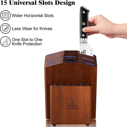 ENOKING 15-Slot Universal Knife Block – Acacia Wood Knife Holder for Kitchen Counter
